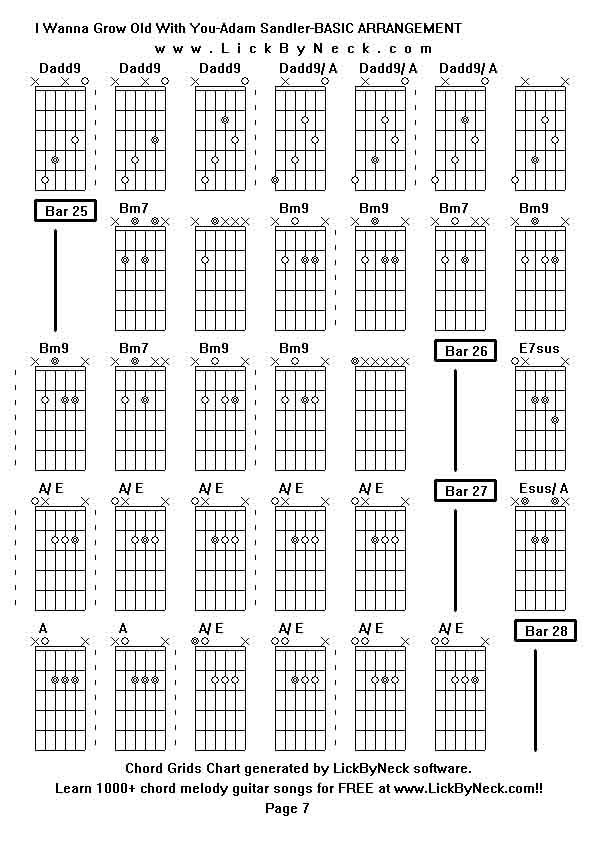 Chord Grids Chart of chord melody fingerstyle guitar song-I Wanna Grow Old With You-Adam Sandler-BASIC ARRANGEMENT,generated by LickByNeck software.